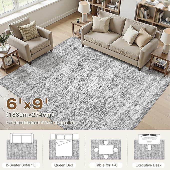 cotiled Large Area Rugs for Living Room 6x9, Machine Washable Rugs with Non Slip Backing Modern Neutral Abstract Rugs Stain Resistant Distressed Carpets for Home Office Decor (6x9 Dark Grey)
