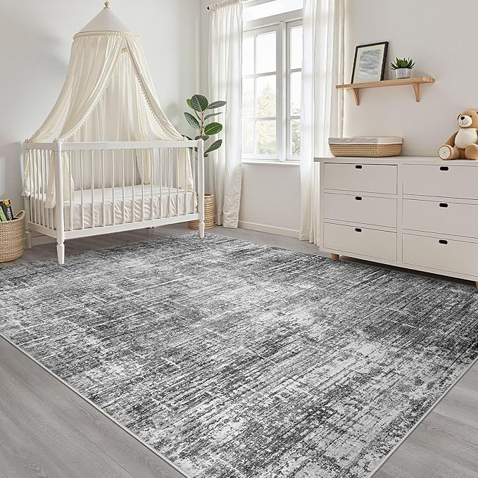 8x10 Area Rug Living Room: Washable Large Neutral Black Rug Abstract Soft Modern Stain Resistant Indoor Floor Non-Slip Carpet for Bedroom Nursery Kids Office Playroom Dining Room Under Table Home