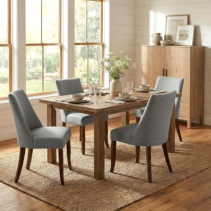 Wooden Dining Chairs Set of 4, Upholstered Farmhouse Fabric Dining Room Chair, Mid Century Kitchen Chair for Restaurant & Cafe, Light Grey