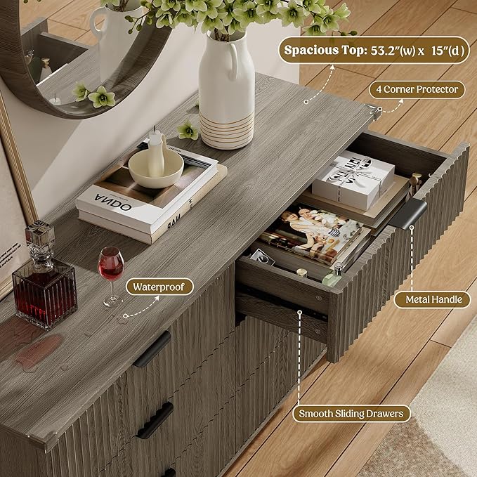 Lulive Wood Dresser for Bedroom with 6 Drawers, 53.2" Long Fluted Modern Chest of Drawers Storage Organizer, Dressers TV Stand for Living Room, Closet, Hallway (Dark Grey Oak)
