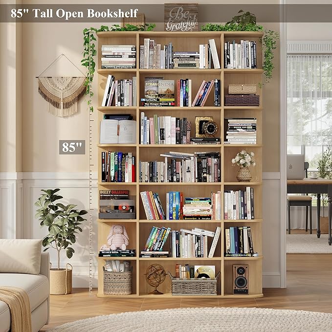 HOSTACK 85" Tall Bookshelf, 7 Tier Open Shelves Bookcase, Triple Wide Bookcase with 21 Open Display Shelves, Large Bookshelf Home Decor Furniture for Living Room, Bedroom, Library, Natural Oak