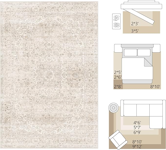 FMFUNCTEX 9x12 Washable Area Rug Neutral Beige Vintage Distressed Oriental Non Slip Low Pile Floral Rug for Living Room Bedroom Cream Traditional Soft Thin Retro Indoor Carpet for Dining Room Office