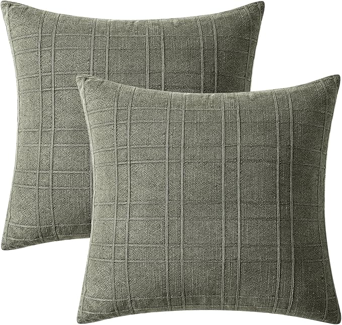 MIULEE Decorative Linen Check Throw Pillow Covers Neutral Farmhouse Vintage Spring Pillow Covers 20x20 Set of 2 Boho Modern Home Decor for Sofa Couch Bedroom Cushion Olive Green