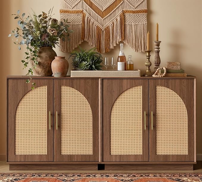 FORTUNETEC Sideboard Buffet Cabinet with Storage Set of 3, Modern Accent Cabinet with Rattan Arched Doors, Modular Media Console, Boho Credenza for Living Room Kitchen Dining Room Entryway, Walnut