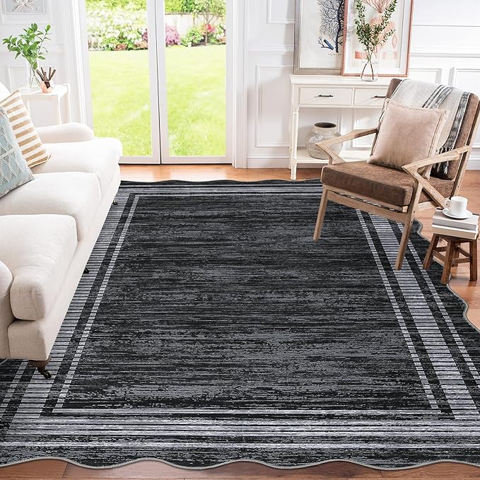 Garvee 5x7 Washable Rugs Non Slip Scalloped Area Rug for Bedroom Soft Low Pile Solid Large Bedroom Throw Carpet Stain Resistant Classic Neutral Area Rug Boho Rugs for Kitchen Nursery, Black