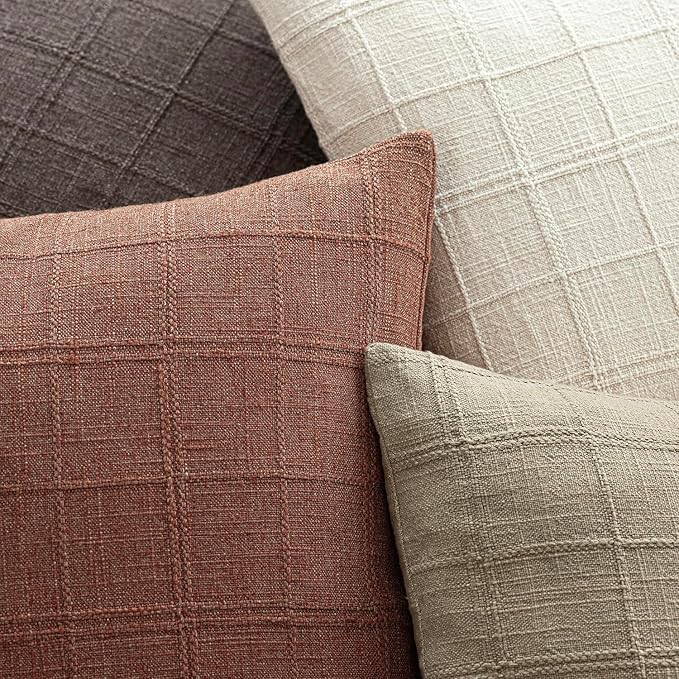 Foindtower Set of 2 Decorative Linen Check Throw Pillow Covers Neutral Farmhouse Vintage Cushion Covers Modern Boho Home Decor for Sofa Chair Couch Bedroom Living Room,24×24 Inch,Autumnal Red