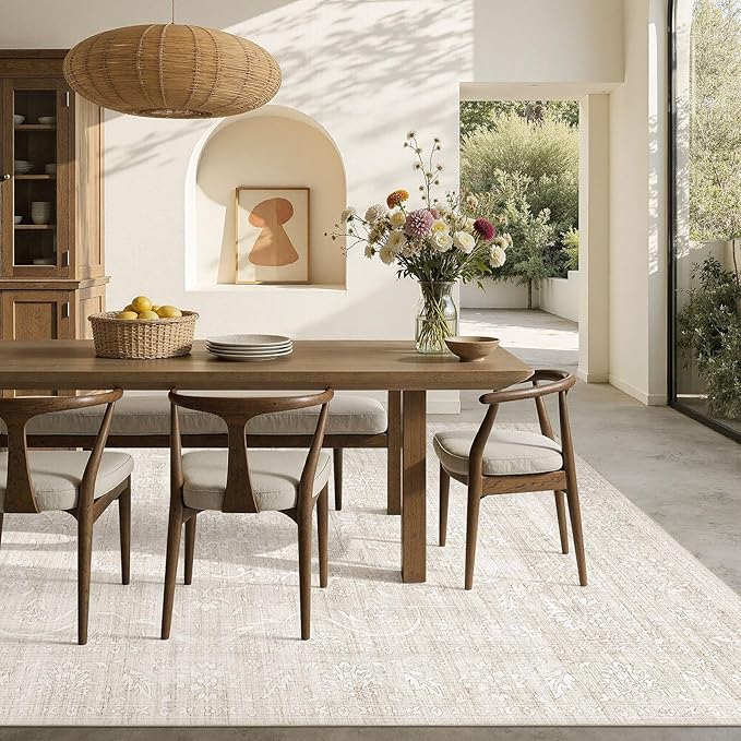 8x10 Area Rug Living Room: Washable Large Vintage Grey Rug Neutral Non-Slip Soft Stain Resistant Indoor Carpet for Bedroom Nursery Dining Room Under Table Bed Home House Office Playroom - Beige White