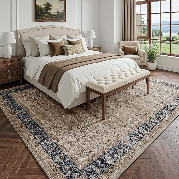 FMFUNCTEX 8x10 Brown Washable Area Rug Vintage Distressed Oriental Non Slip Low Pile Neutral Indoor Carpet for Living Room Bedroom Soft Retro Floral Thin Large Rug for Dining Nursery Office Dorm