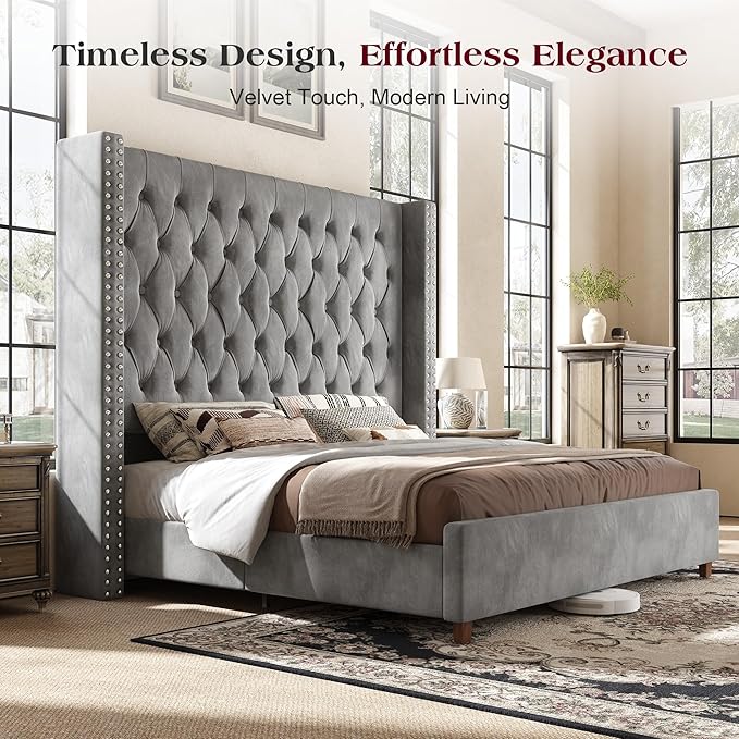PaPaJet California King Size Bed Frame with 61.4" Tall Wingback Design Headboard, Velvet Upholstered Platform, Handmade Deep Button Tufting, Solid Wood Legs, No Box Spring Needed, Grey