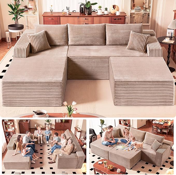 No Assembly Cloud Modular Sectional Sofa，108" U-Shape Corner Couch with Ottoman - Plush Corduroy, Deep Seating, Right Chaise (Camel) | Modern Minimalist Living Room Furniture