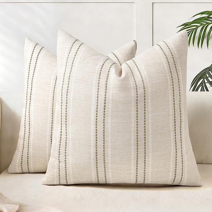 AELS 16x16 Decorative Farmhouse Linen Blend Throw Pillow Covers, Boho Textured Pillow Case, Set of 2, Beige with White & Brown Stitch Yarn Dyed Stripe Cushion Cover for Sofa Living Room (Cover ONLY)