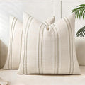 AELS 16x16 Decorative Farmhouse Linen Blend Throw Pillow Covers, Boho Textured Pillow Case, Set of 2, Beige with White & Brown Stitch Yarn Dyed Stripe Cushion Cover for Sofa Living Room (Cover ONLY)