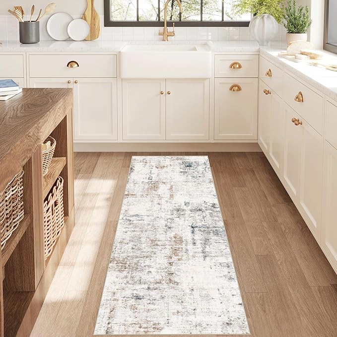 FMFUNCTEX 2x6 Runner Rug Washable Brown Blue Neutral Modern Abstract Entryway Non Slip Low Pile Soft Accent Hallway Indoor Carpet for Kitchen Living Room Bedroom Bathroom Laundry Entrance Bedside