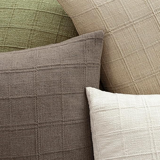 Foindtower Set of 2 Decorative Linen Check Throw Pillow Covers Neutral Farmhouse Vintage Cushion Covers Cozy Modern Boho Home Decor for Sofa Chair Couch Bedroom Living Room,14×36 Inch,Taupe Grey