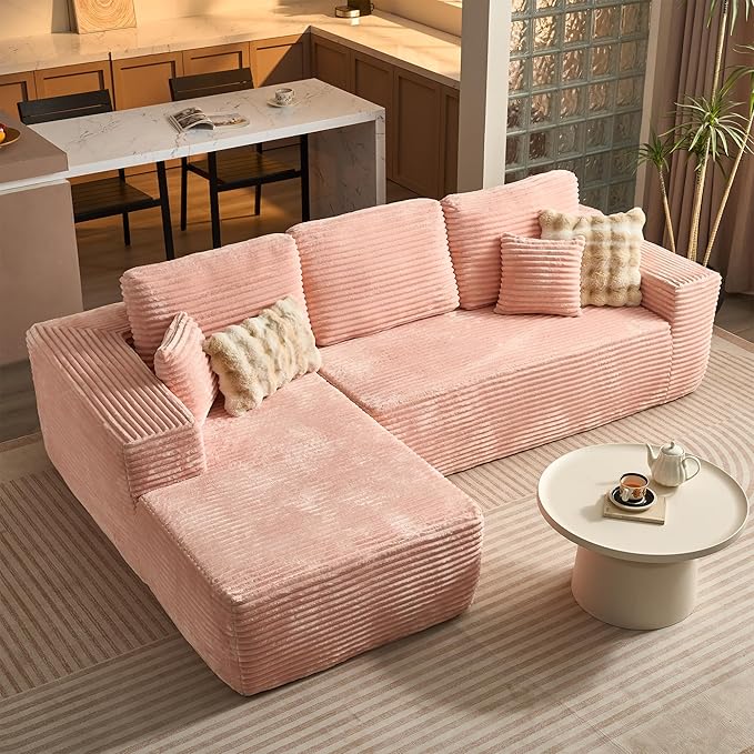 ovios 104" Cloud Boneless Couch with L-Shape Chaise,Modern Sectional Modular Sofa with Deep Seat, Upholstered Couches for Living Room Bedroom,No Assembly Required, Pink (Plush Corduroy Fabric)
