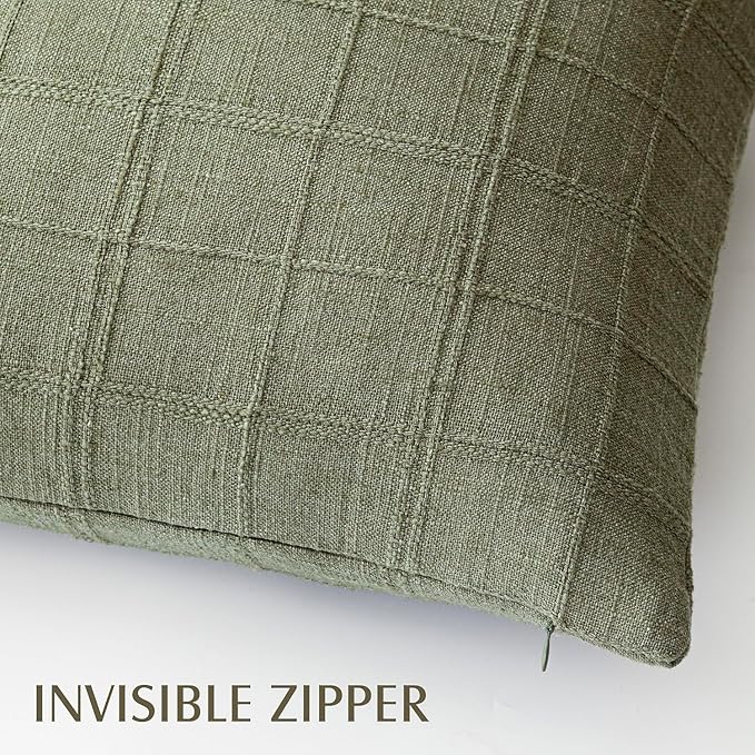 Foindtower Set of 2 Decorative Linen Check Throw Pillow Covers Neutral Farmhouse Vintage Cushion Covers Modern Boho Home Decor for Sofa Chair Couch Bedroom Living Room,26×26 Inch,Sage Green
