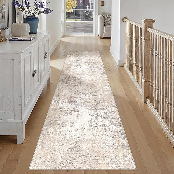 3x10 Washable Runner Rug Beige Grey Abstract Non Slip Soft Low Pile Hallway Kitchen Rug Neutral Modern Carpet for Laundry Bathroom Bedroom Living Room Home Decor