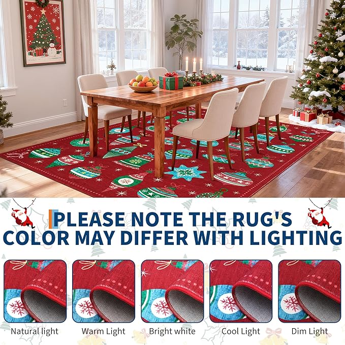 Christmas Area Rug 8x10 Bedroom Living Room Rugs Colorful Christmas Ball Washable Rug Soft Boho Bohemian Farmhouse Rug Indoor Floor Carpet for Bedroom Under Dining Table Home Office Decor，Red