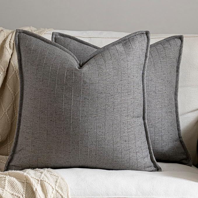 DEZENE 24x24 Linen Pillow Covers Grey Pack of 2 Farmhouse Boho Neutral Accents Striped Textured Square Decorative Throw Pillow Cases for Living Room Couch Bed Home Decor