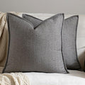 DEZENE 24x24 Linen Pillow Covers Grey Pack of 2 Farmhouse Boho Neutral Accents Striped Textured Square Decorative Throw Pillow Cases for Living Room Couch Bed Home Decor