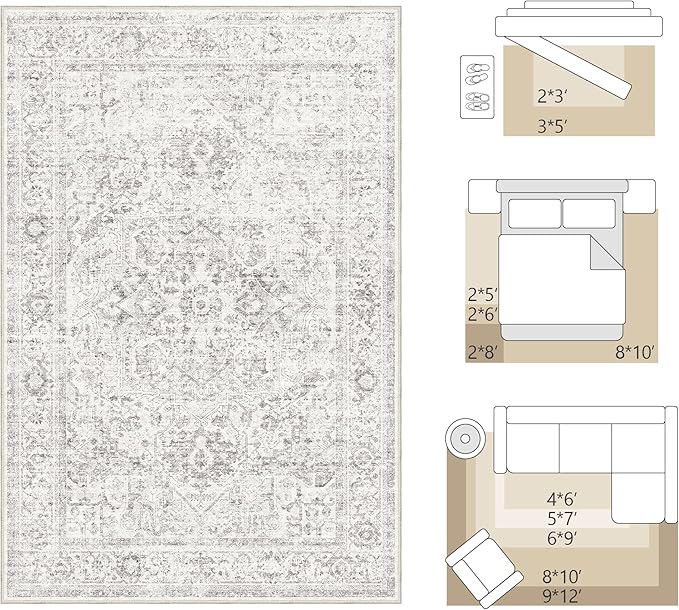 FMFUNCTEX Entryway Rug 2x3 Washable Grey Vintage Distressed Oriental Door Mat Non Slip Low Pile Indoor Carpet Soft Small Gray Throw Area Rugs for Entry Way Entrance Bedroom Kitchen Bathroom Laundry