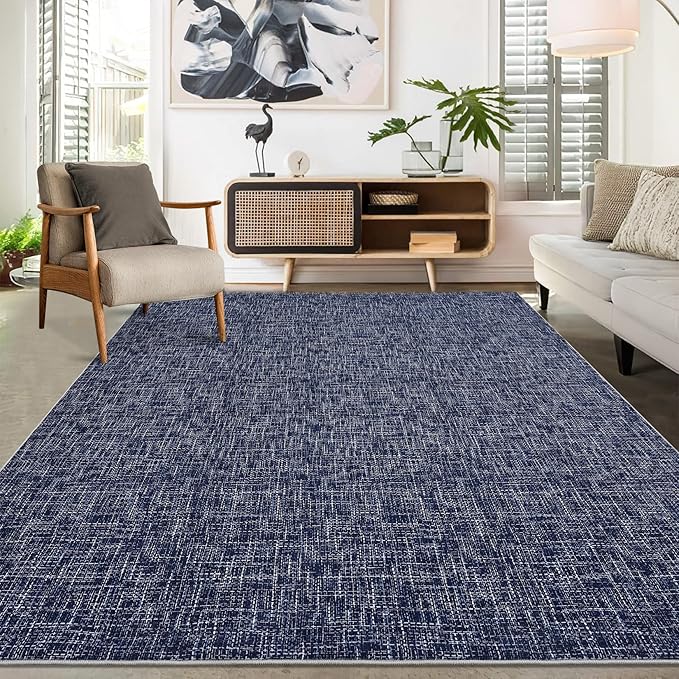 RUGSREAL Washable Rug 10x13 for Living Room Modern Abstract Area Rug Non-Slip Large Contemporary Bedroom Rug Stain Resistant Aesthetic Accent Floor Carpet Foldable Solid Rug for Home Office, Blue