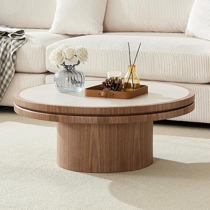 35.43" Farmhouse Round Coffee Table with Sintered Stone Tabletop, Sturdy Wood MDF Pedestal Coffee Tables for Living Room, Modern Circle Center Tea Table for Apartment, Office Bedroom Walnut