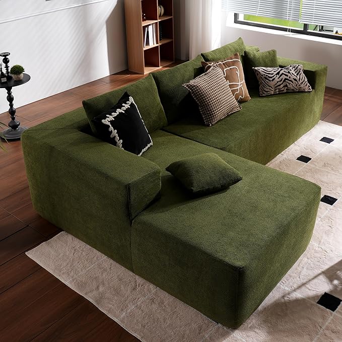 ovios 104" Cloud Boneless Couch with L-Shape Chaise,Modern Sectional Modular Sofa with Deep Seat, Upholstered Couches for Living Room Bedroom,No Assembly Required, Green (Cloud Velvet)