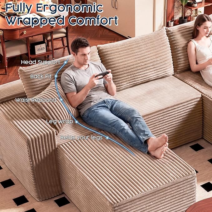 No Assembly Cloud Modular Sectional Sofa，108" U-Shape Corner Couch with Ottoman - Plush Corduroy, Deep Seating, Right Chaise (Camel) | Modern Minimalist Living Room Furniture
