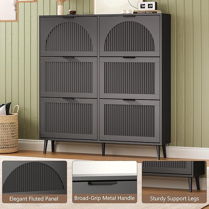 BORNOON Shoe Cabinet for Entryway with 6 Flip Drawers, Slim Wooden Shoe Storage Organizer with Modern Fluted Pannel，Freestanding Narrow Hidden Shoe Rack for Hallway, Foyer, Living Room