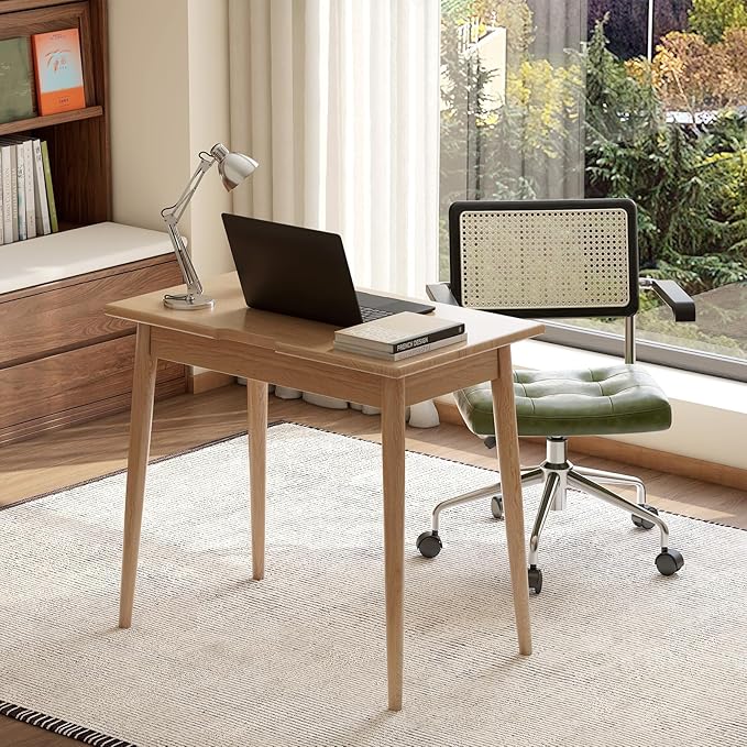 100% Solid Oak Wooden Desk Home Office Desk Mid Century Modern Writing Computer Desk with Drawer for Home Office 35"