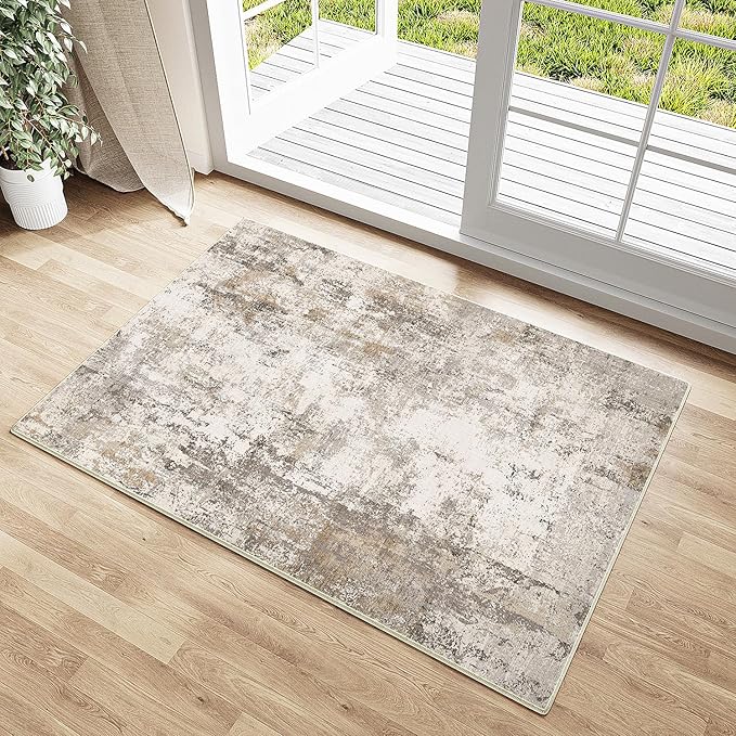 2x3 Washable Area Rug Brown Grey Abstract Non Slip Soft Low Pile Small Rug for Entryway Kitchen Bathroom Neutral Modern Throw Carpet for Living Room Bedroom Home Decor