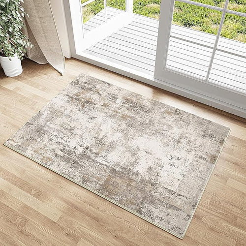 2x3 Washable Area Rug Brown Grey Abstract Non Slip Soft Low Pile Small Rug for Entryway Kitchen Bathroom Neutral Modern Throw Carpet for Living Room Bedroom Home Decor