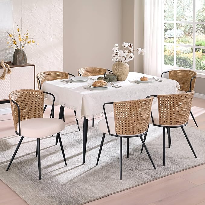 BedsPick Rattan Dining Chair Set of 6 - Farmhouse Upholstered PE Rattan Kitchen Chair with Boucle Cushion, Wingback Dining Room Seat with Cane Back and Metal Legs for Home, Kitchen (Brown)