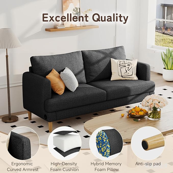 70" Modern Loveseat Sofa with USB Type-C Ports, Linen Fabric 2-Seater Deep Seat Couch, Cozy Small Couch Sofa for Living Room Bedroom Office Apartment (Black)