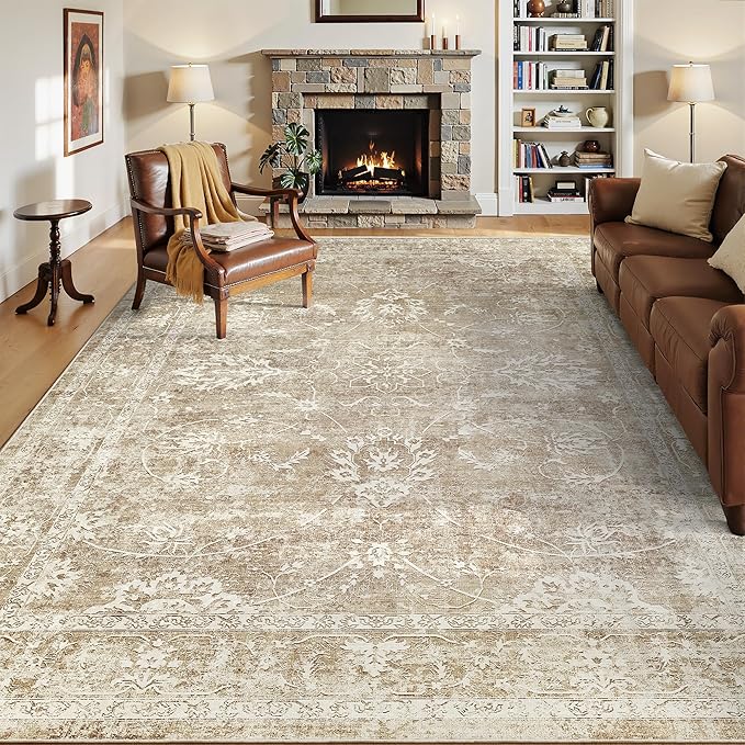 Madane Washable 6x9 Area Rugs for Living Room, Vintage Neutral Rug with Non-Slip Backing, Soft Stain Resistant Throw Rugs Thin Carpet for Bedroom Dining Room Farmhouse (6 x 9, Beige/Brown)