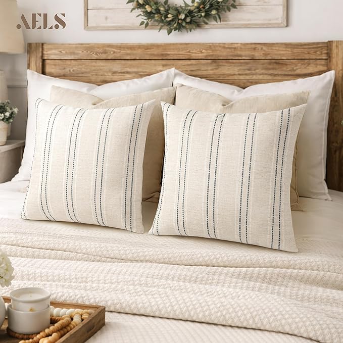 AELS 24x24 Decorative Farmhouse Linen Throw Pillow Covers, Boho Textured Pillow Case, Set of 2, Beige with White & Gray Stitch Yarn Dyed Stripe Cushion Cover for Sofa Couch Living Room (Cover ONLY)