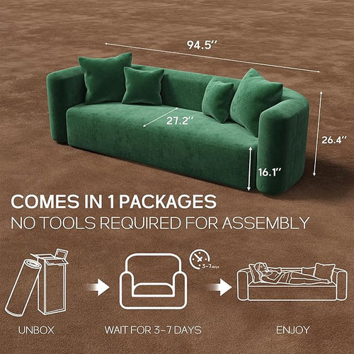 95" Modern Luxury Curved Back Sofa, Minimalist Style Oversized 3 Seat Extra Deep & Wide Seat Comfy No Assembly Boneless Couch for Living Room Office Apartment, Green