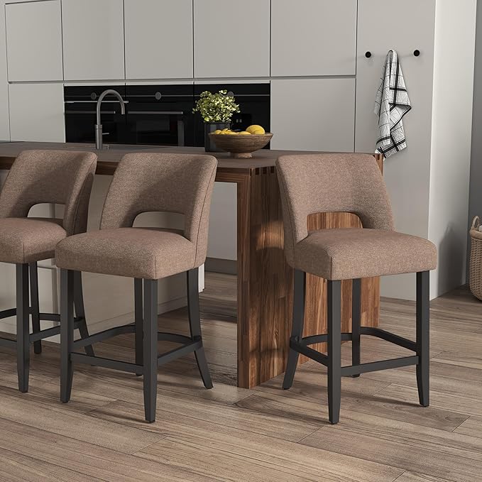 VKNOW Bar Stools Set of 4, 26" Upholstered Counter Height Bar Stools, Modern Counter Stools with Black Legs for Kitchen Island Dining Room Bar, Brown-Black Legs
