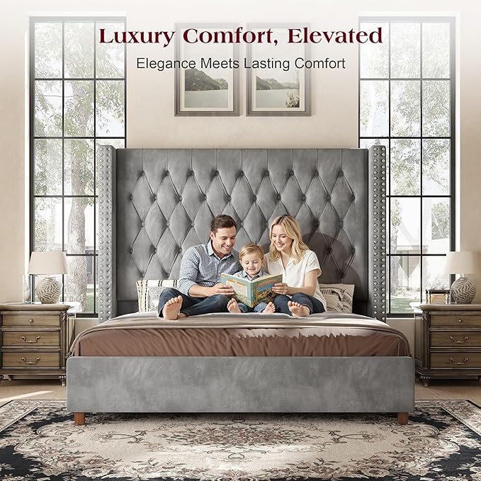 PaPaJet King Size Bed Frame with 61.4" Tall Headboard, Velvet Upholstered Platform and Handmade Deep Button Tufting, No Box Spring Required, Grey
