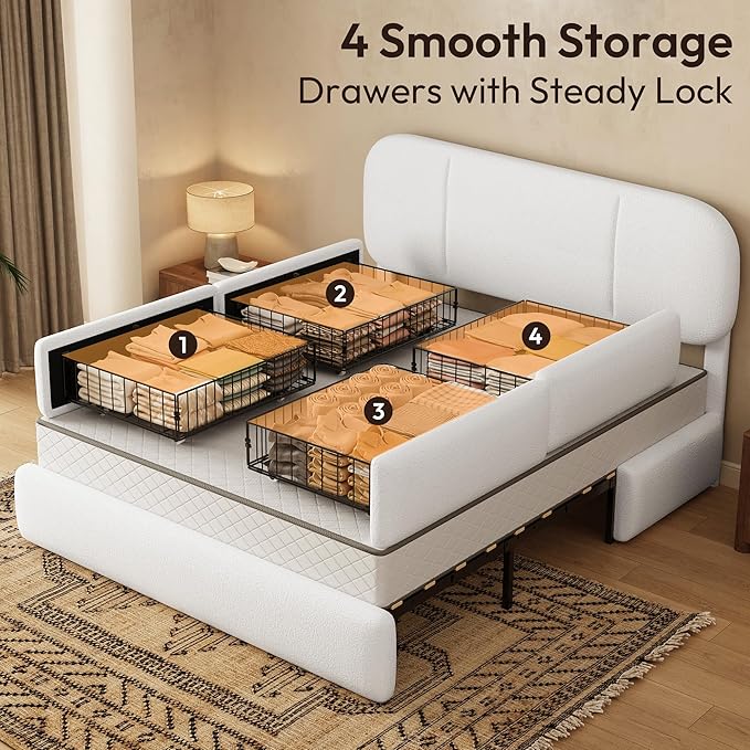 Queen Size Bed Frame with Storage, Boucle Cloud Bed with 4 Locking Drawers & LED Lights, Modern Upholstered Platform Bed, Plush Sides & Footboard, Adjustable Headboard, No Box Spring, White