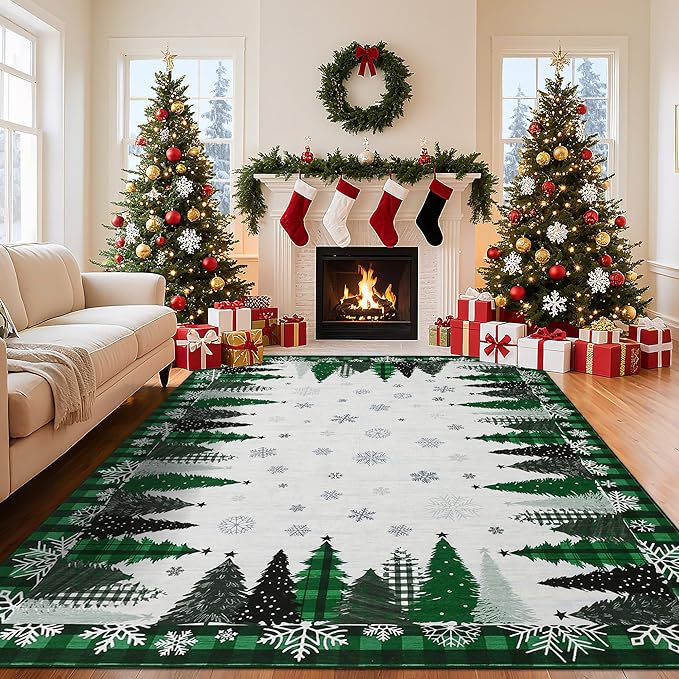 Garvee Washable Rugs for Living Room 8x10 Large Christmas Rugs Mats with Xmas Tree Snowflake Pattern, Foldable Plaid Accent Rug, Soft Low Pile Indoor Carpet for Bedroom, Office, Green