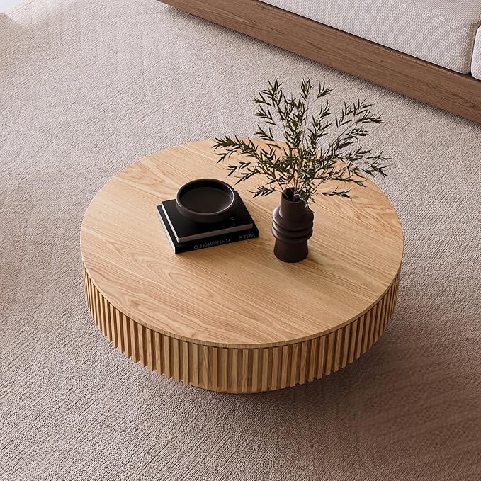 39.37" Round Coffee Table with Storage for Living Room Wood Coffee Table Contemporary Circle Center Table for Apartment, Easy Assembly, Oak