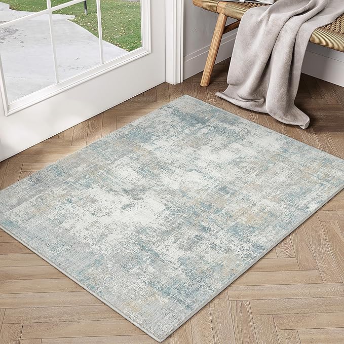 2x3 Washable Area Rug Blue Cream Abstract Non Slip Soft Low Pile Small Rug for Entryway Kitchen Bathroom Neutral Modern Throw Carpet for Living Room Bedroom Home Decor