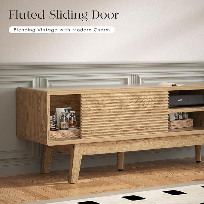 MU 59 Inch TV Stand for TVs up to 65 Inch, Mid Century Modern TV Console with Fluted Sliding Doors & Shelves, Low Profile Entertainment Center for Bedroom, Living Room (Oak, 59")