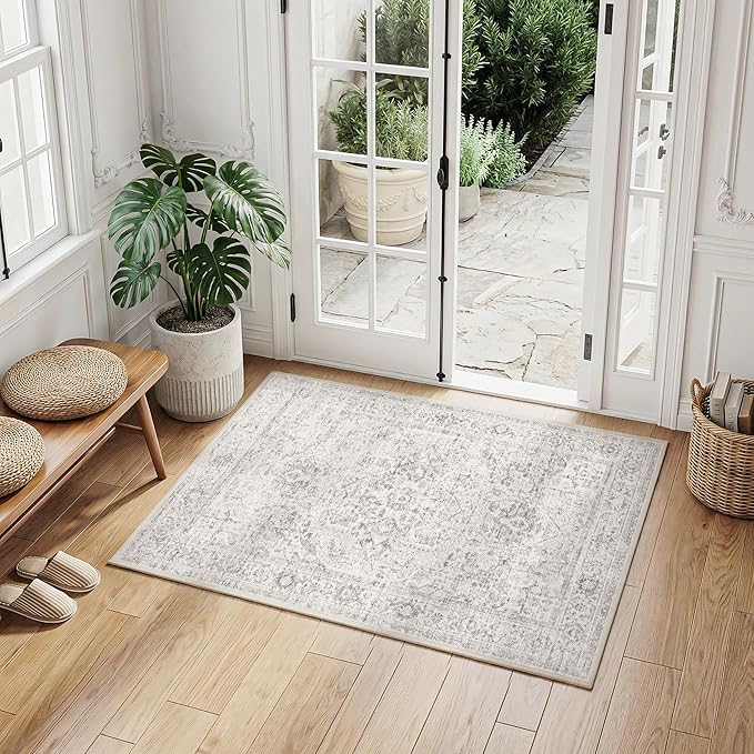 FMFUNCTEX Entryway Rug 2x3 Washable Grey Vintage Distressed Oriental Door Mat Non Slip Low Pile Indoor Carpet Soft Small Gray Throw Area Rugs for Entry Way Entrance Bedroom Kitchen Bathroom Laundry