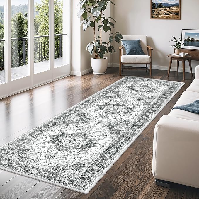 Runner Rug 2'x6' Washable Vintage Area Rugs for Hallway Non Slip Laundry Rug Runner Boho Floor Carpet Runners for Entryway Laundry Room Kitchen Bathroom (2'x6',Grey)