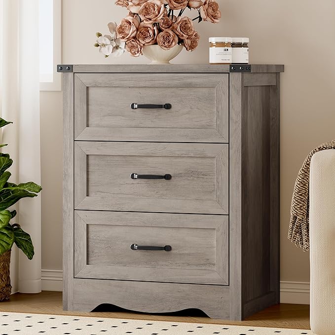 BORNOON 3-Drawer Dresser for Bedroom, Small Wooden Chest of Drawers with Metal Handles, Narrow Storage Cabinet with Anti-Tipping Design, Sturdy Dresser Organizer for Closet, Living Room, Entryway