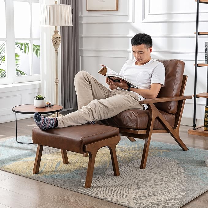 chairus Mid-Century Modern Brown Faux Leather Accent Chair with Ottoman, Comfy Upholstered Lounge Armchair with Removable Cushion & Solid Wood Frame, Retro Reading Chair for Living Room Bedroom Office