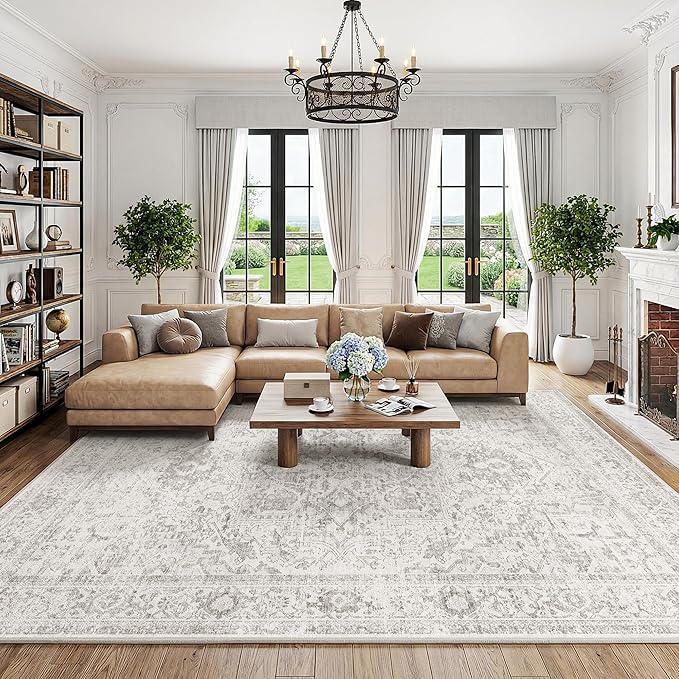 Fmfunctex 8x10 Washable Area Rug Grey Vintage Neutral Distressed Oriental Large Non Slip Carpet for Living Room Bedroom Soft Low Pile Indoor Gray Retro Throw Rug for Dining Room Kitchen Office Nursery
